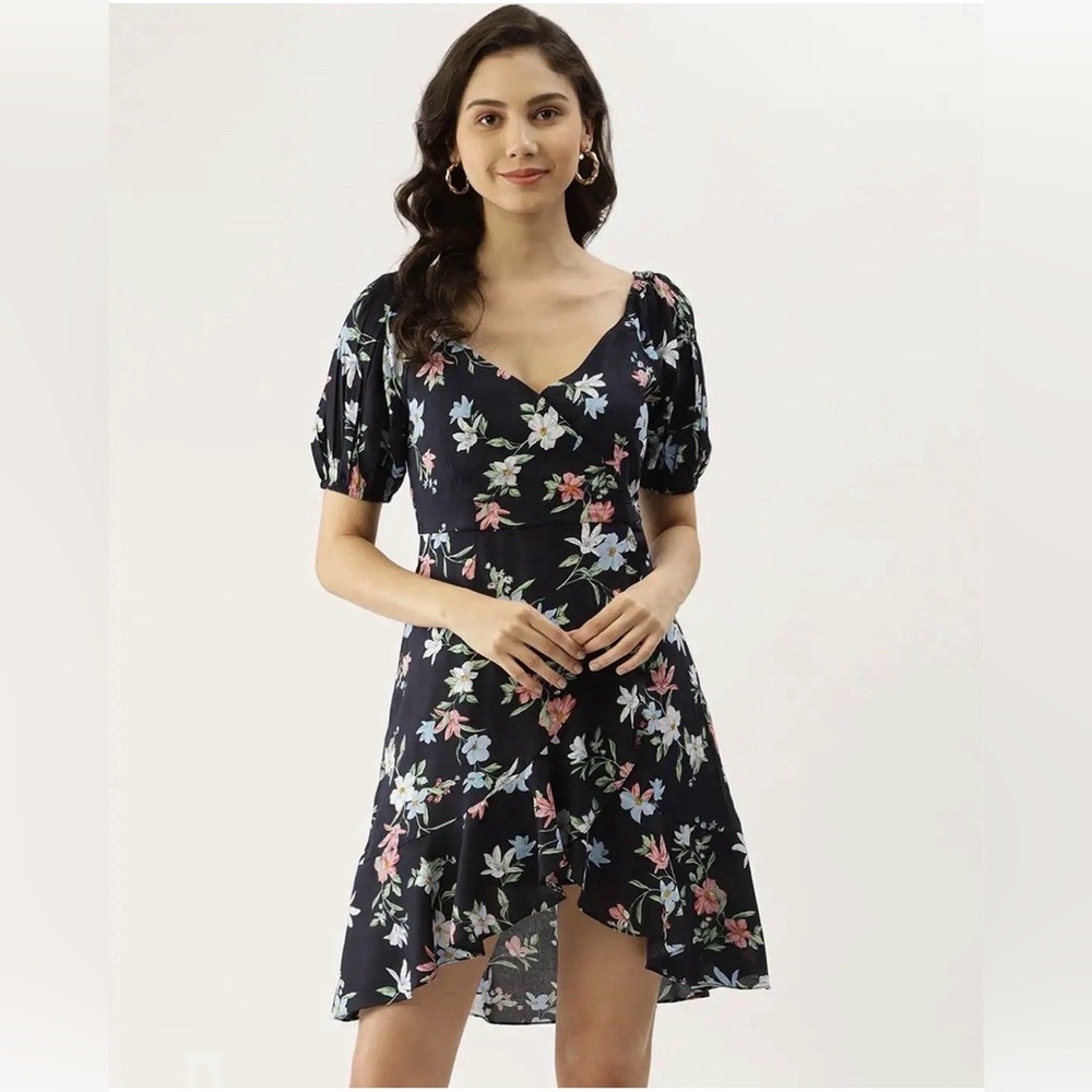 Label By Rita Kumar Blue Floral Coquette Mini Dress Small Wrap Look